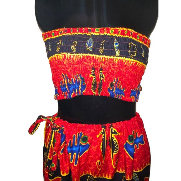 Red Black Tropical Fish Print Womens 2 Pc Maxi Skirt Smocked Tube Top Jammin Sex - Picture 4 of 6
